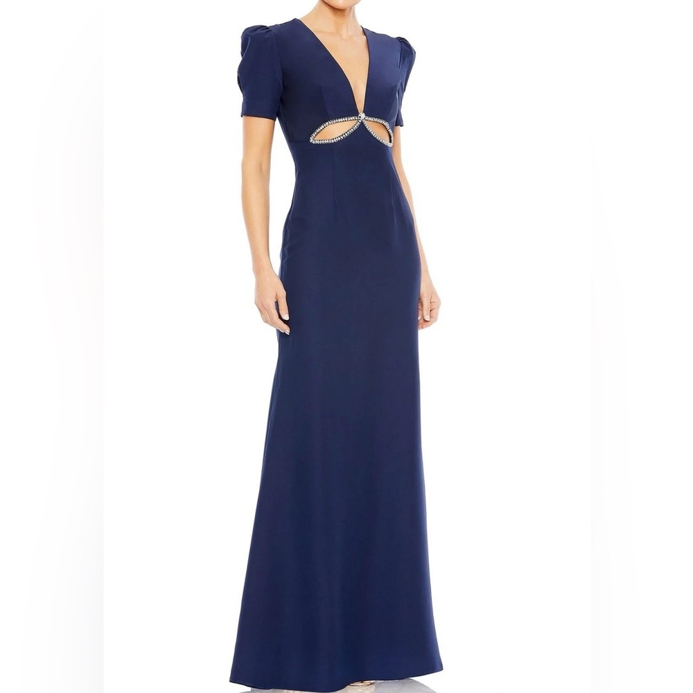 Ieena for Mac Duggal Navy Embellished Puff Sleeve Cut Out Gown